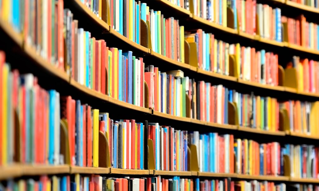 A curved bookshelf